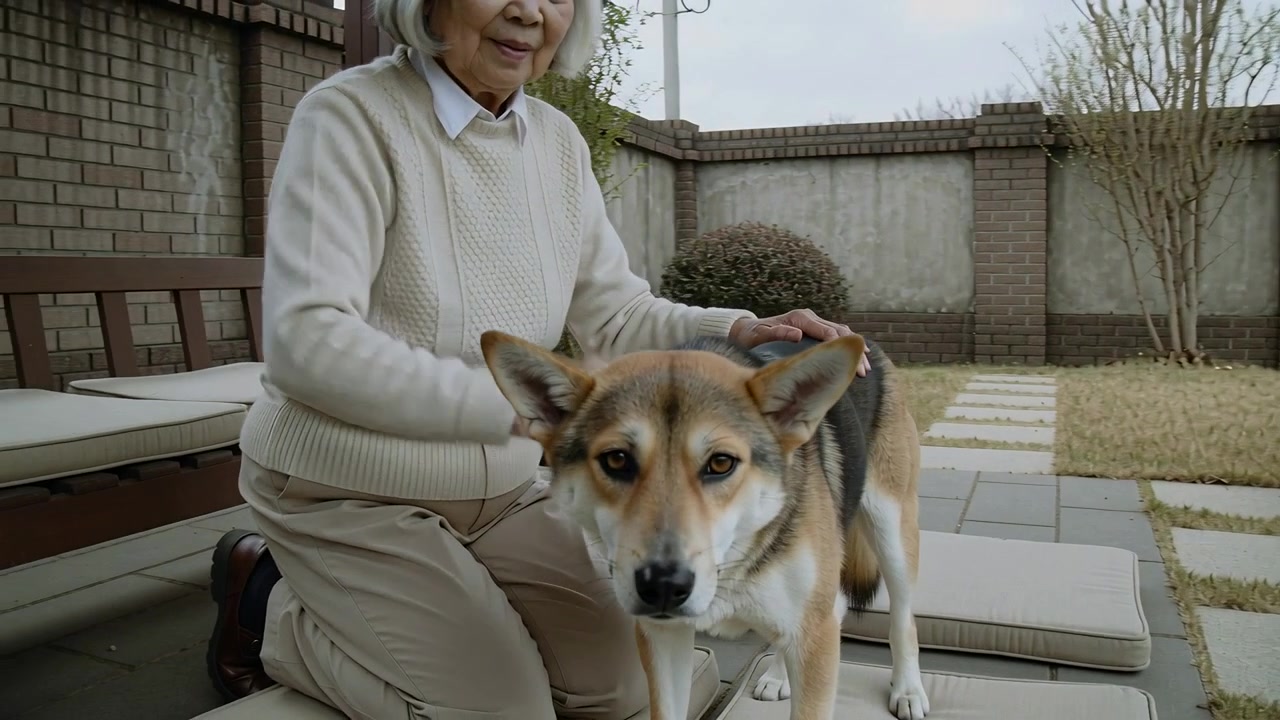 Donna asiatica anziana in ginocchio che posiziona e accarezza un cane di taglia media su una panca imbottita per tenerlo fermo