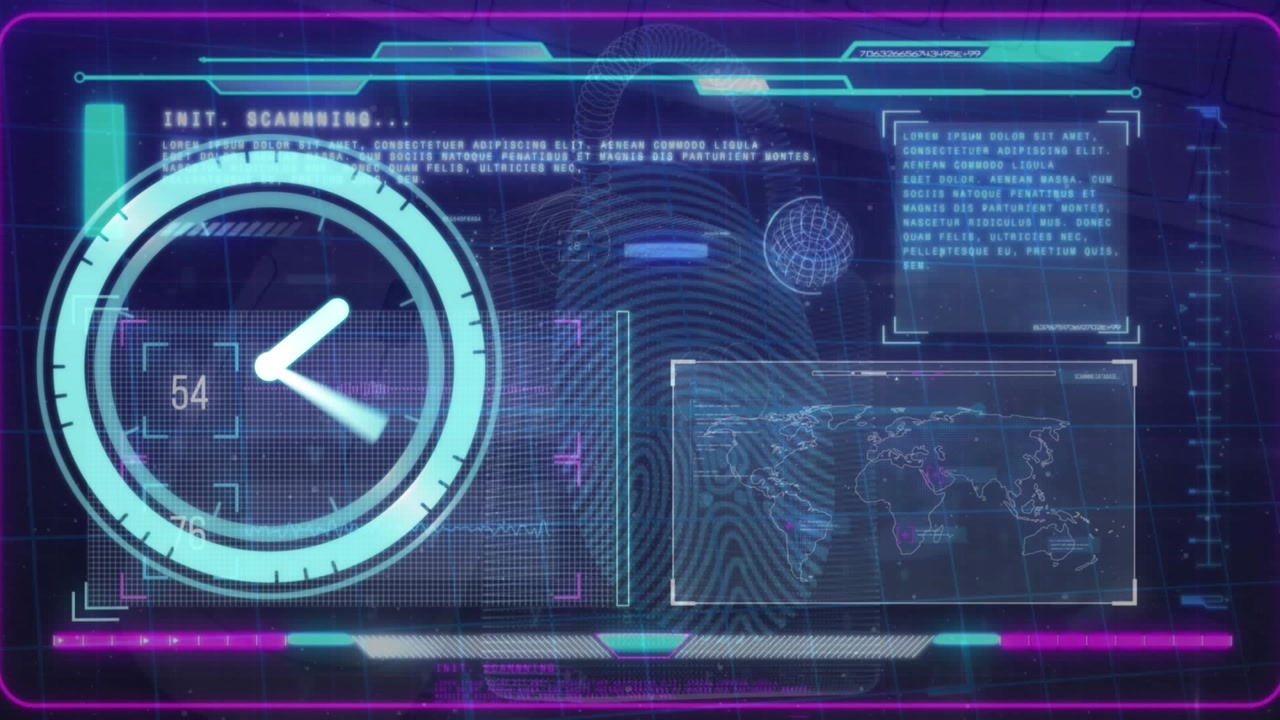 Animation of clock moving fast and data processing on screen