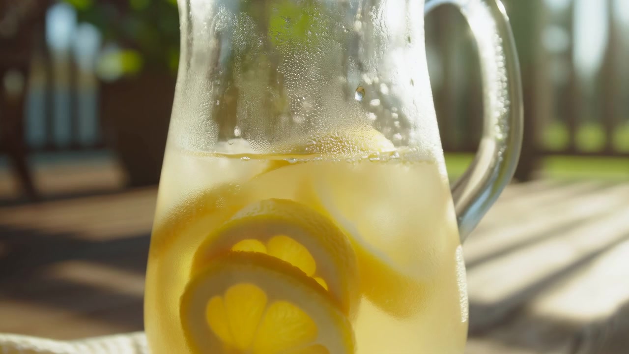 Low close-up view shows translucent pitcher of chilled lemon drink with stacked citrus slices, wet surface, golden backlight and soft patio background on sunny outdoor deck, with glass, pitcher
