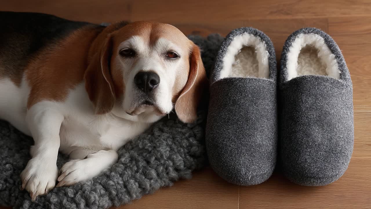 A Cozy Companion: A Sleeping Beagle Nestled Beside Soft Slippers on a Warm Rug, Capturing the Essence of Comfort and Relaxation in Your Home Environment