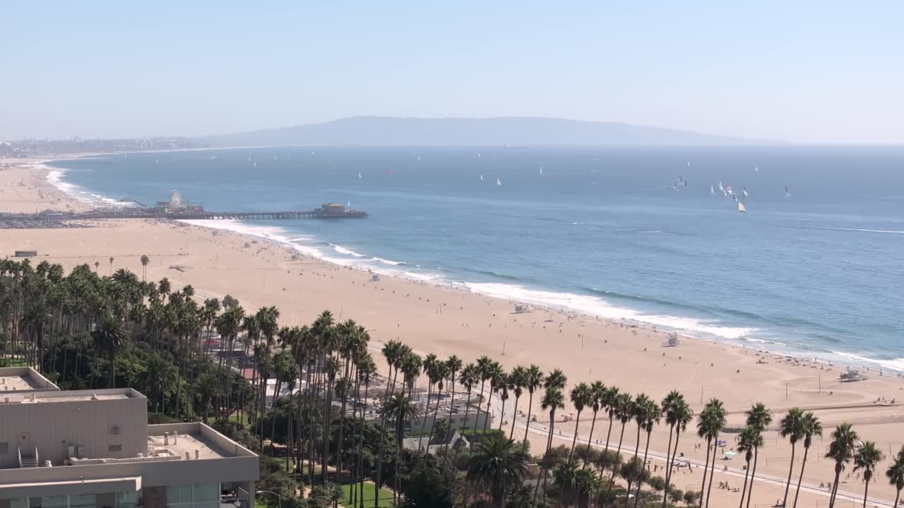 Aerial rising above Santa Monica beach with row of palm trees and famous pier during overcast day