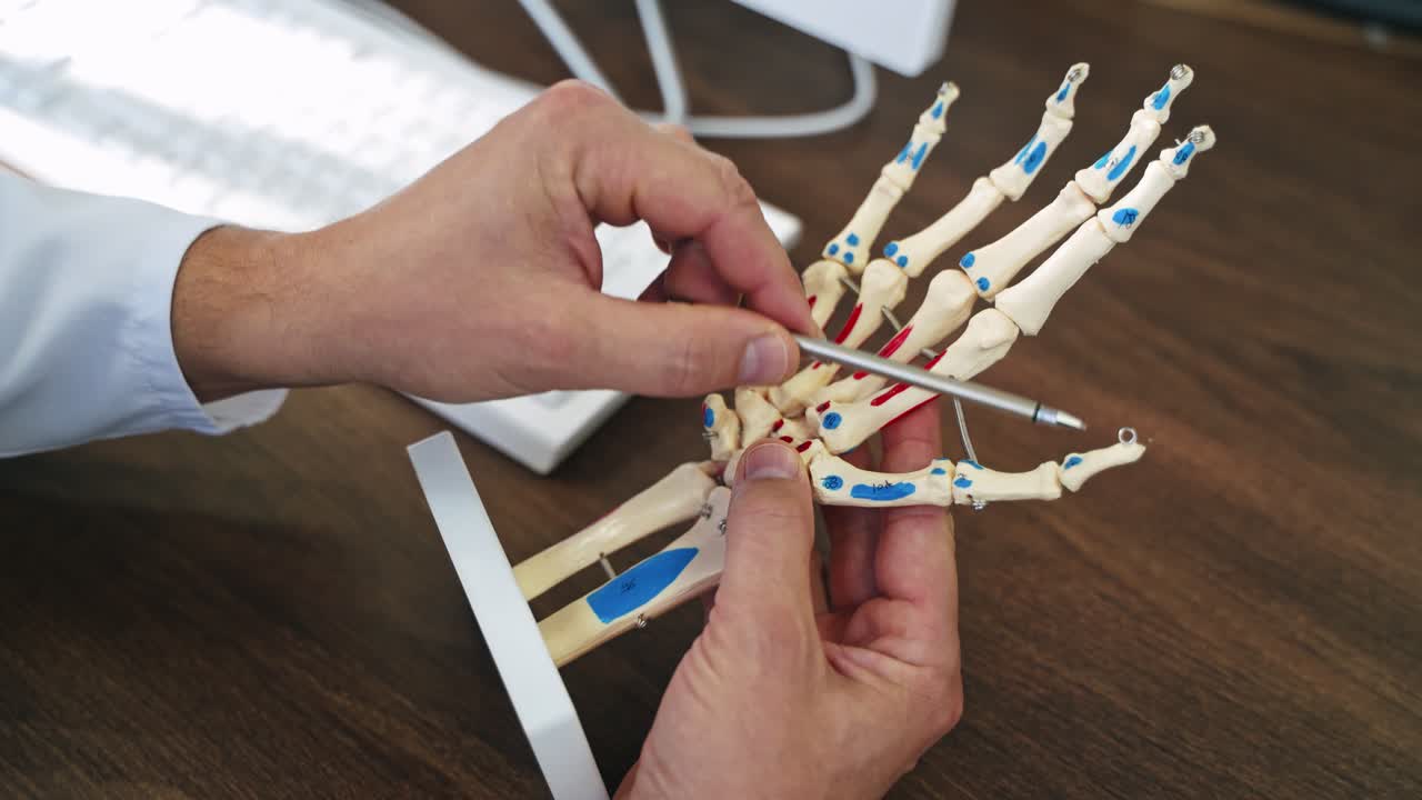 Male doctor holding hand skeleton model. Specialist explain the work of joints of fingers on artificial model. Medical care concept.
