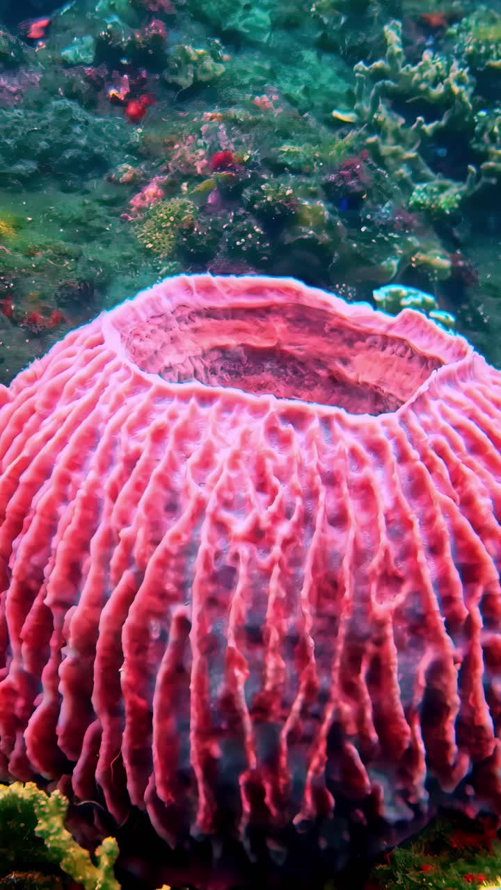 Close-up of large pink brain coral, a maze-like reef foundation with fish swimming nearby - vertical clip.