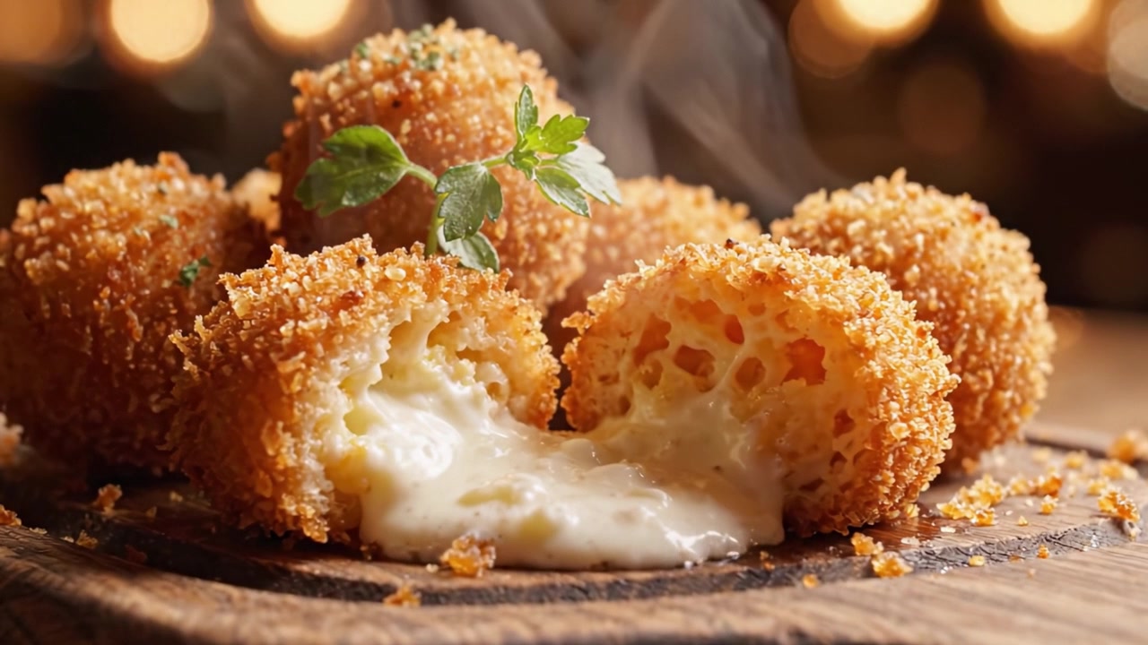Crocchette dorate e deliziose con ripieno di formaggio fuso, servite su un tagliere di legno rustico, perfettamente croccanti e irresistibilmente appetitose per i buongustai.