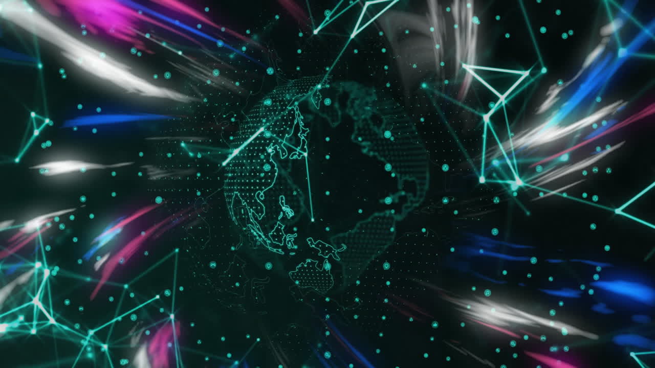 globo digital con conexiones de red y animación de procesamiento de datos sobre rayas coloridas
