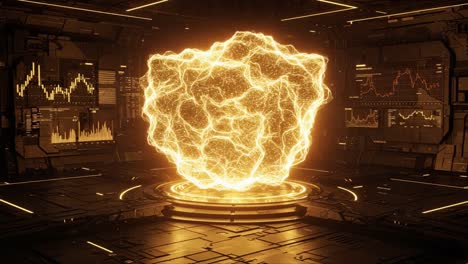 an explosive glimpse into futuristic visualization: energetic golden matter manifesting in a high-tech environment with dynamic data displays and advanced graphics