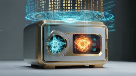 caja fuerte futurista con interfaz holográfica
