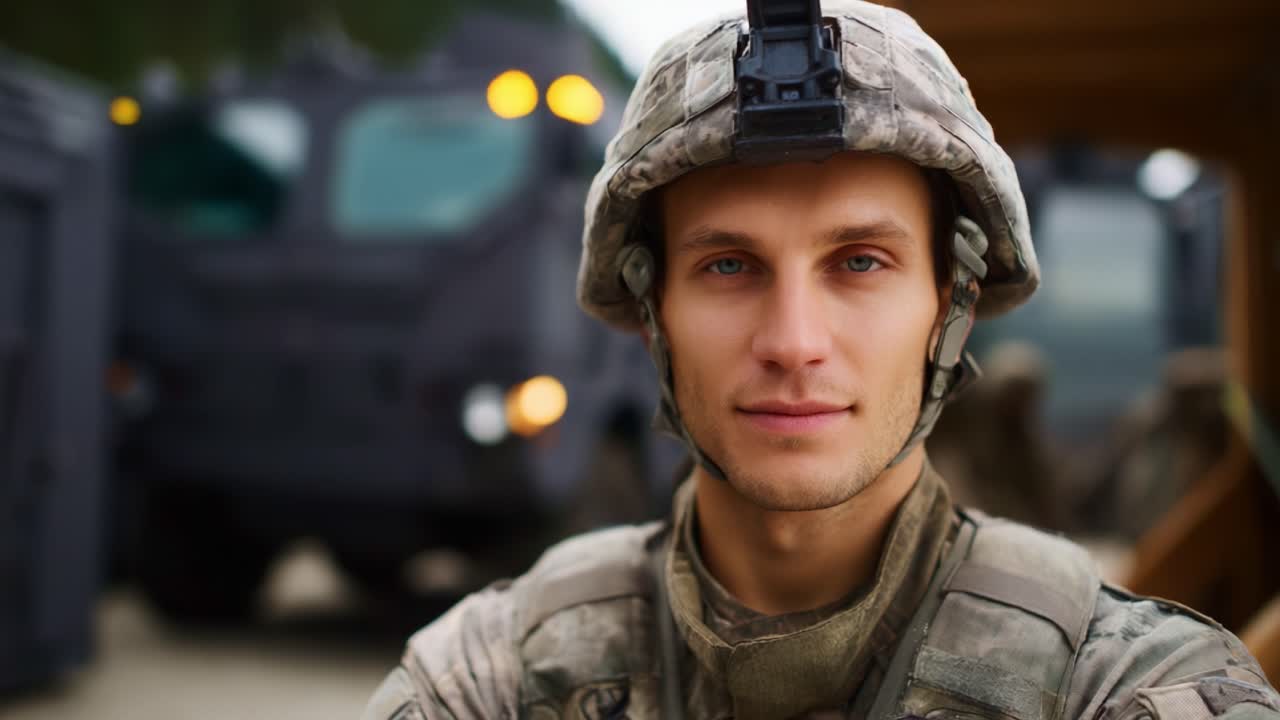 Fokusert uttrykk hos en soldat i taktisk utstyr, klar for kamp, som viser besluttsomhet og mot mot en bakgrunn av militære kjøretøy og utstyr
