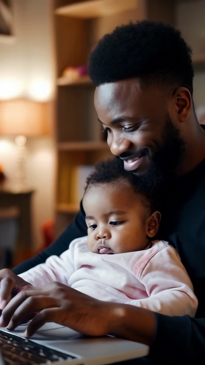 African American Father and Baby Engaged with Laptop at Home