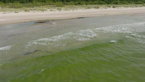 aerial view with a young longhaired girl riding a bike on the sandy beach, sunny day, white sand beach, active lifestyle concept, wide drone shot moving forward, tilt down