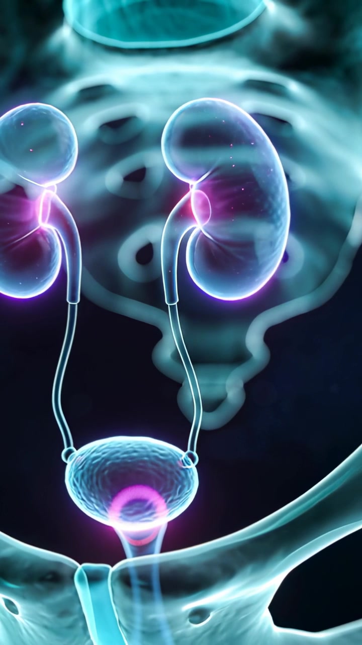 Vertical video: Zooming tract tracing magenta glow from kidneys along ureters to bladder in clinic