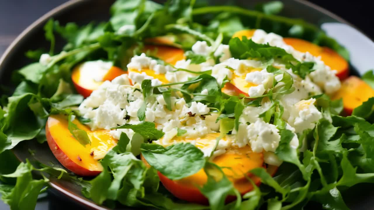 Sliced peaches arranged on fresh arugula are topped with creamy ricotta cheese and a sprinkle of herbs, creating a vibrant and appetizing salad