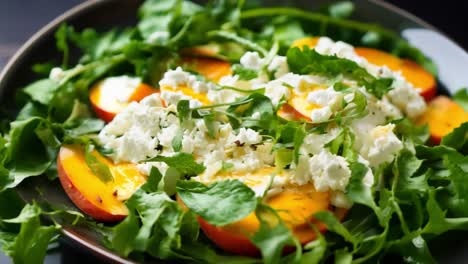 sliced peaches arranged on fresh arugula are topped with creamy ricotta cheese and a sprinkle of herbs, creating a vibrant and appetizing salad