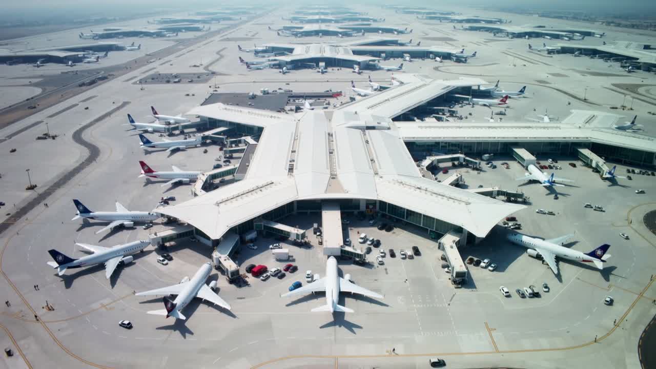 Câmera de drone se afastando, revelando terminal em formato de Y no aeroporto, aeronaves estacionadas e o layout do pátio.