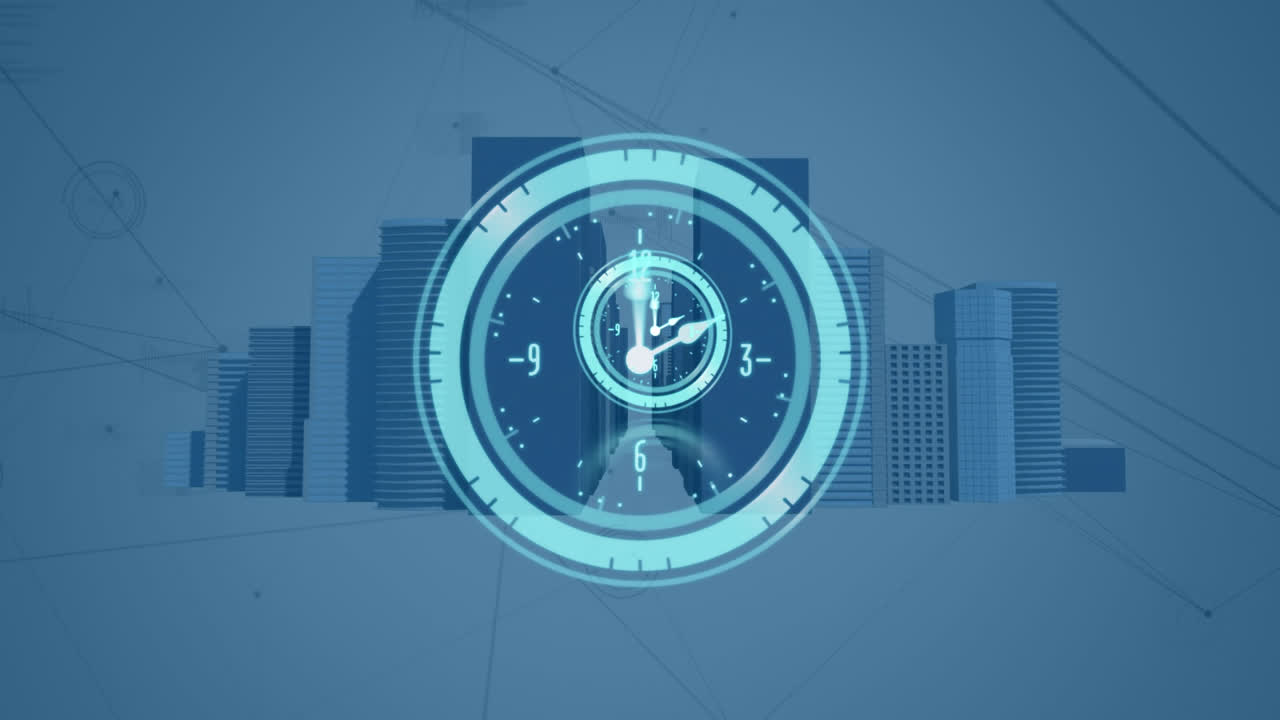 Animation of moving clock over city scape and data processing