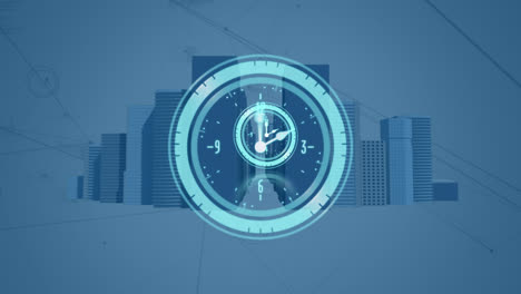 Animation-of-moving-clock-over-city-scape-and-data-processing