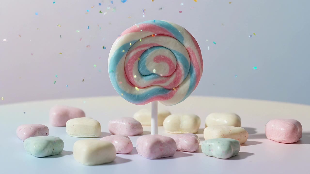 Beyaz masada pastel şekerlerle birlikte sarmal bir lolipopun üzerine düşen konfetiler yağıyor, pembe ve mavi fon.