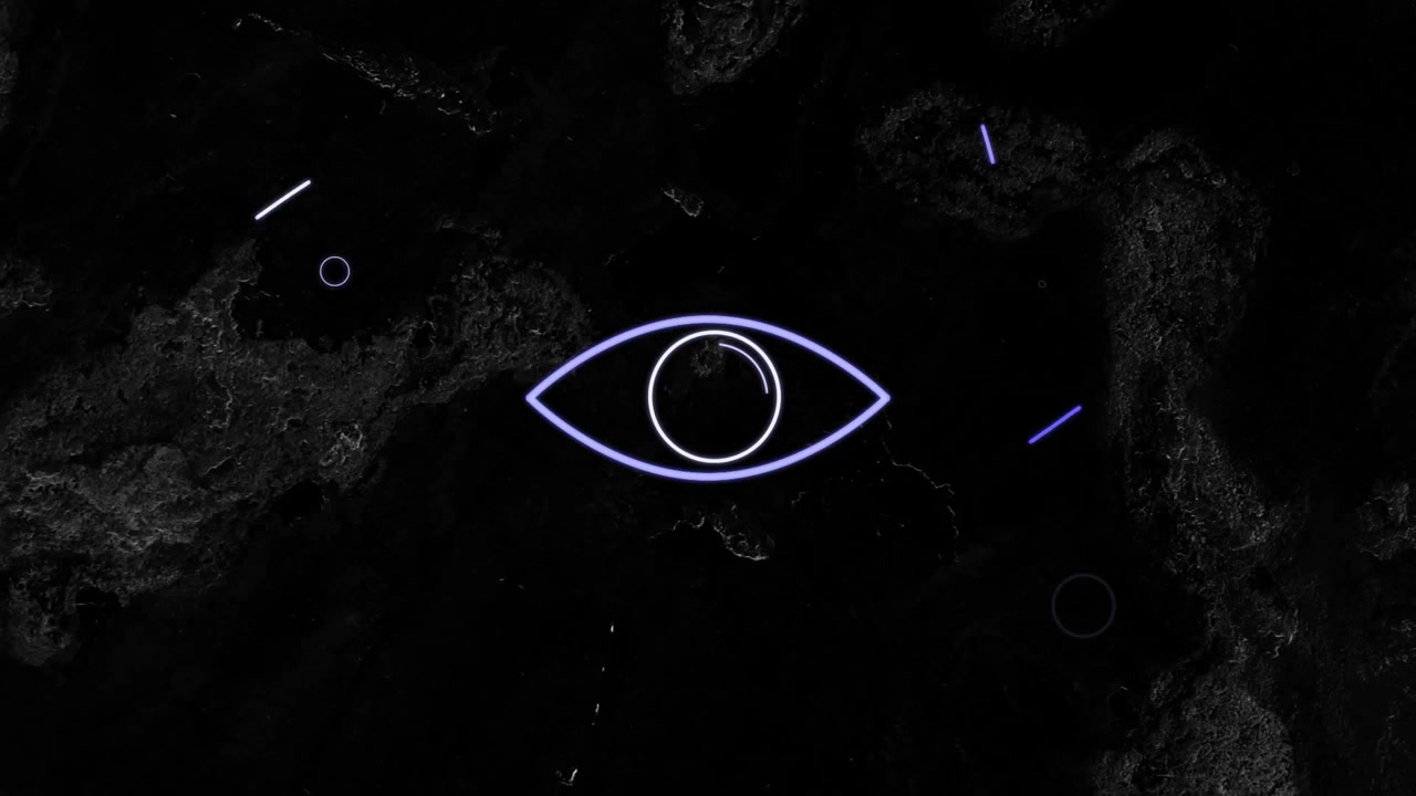 Neon-purple line fading starting shapes forming eye then shifting into ring representing motif