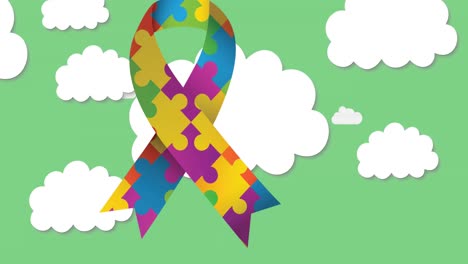 animación de la cinta formada con rompecabezas sobre iconos educativos con nubes sobre fondo verde