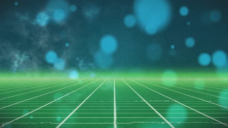 Green grid landscape with blue glowing particles, creating futuristic animation