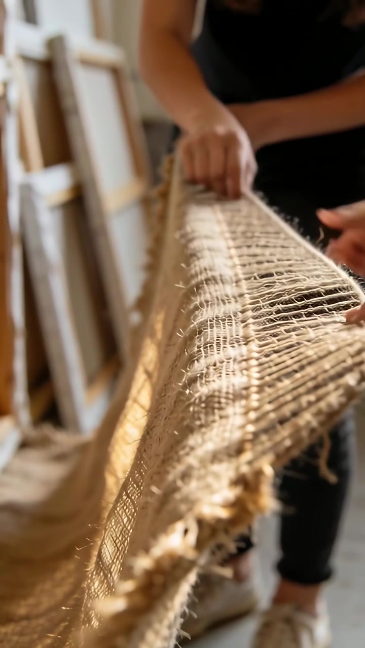Video vertical: Artesano con zapatillas sosteniendo tela de yute, alineando hilos para comprobar la tensión en un estudio.
