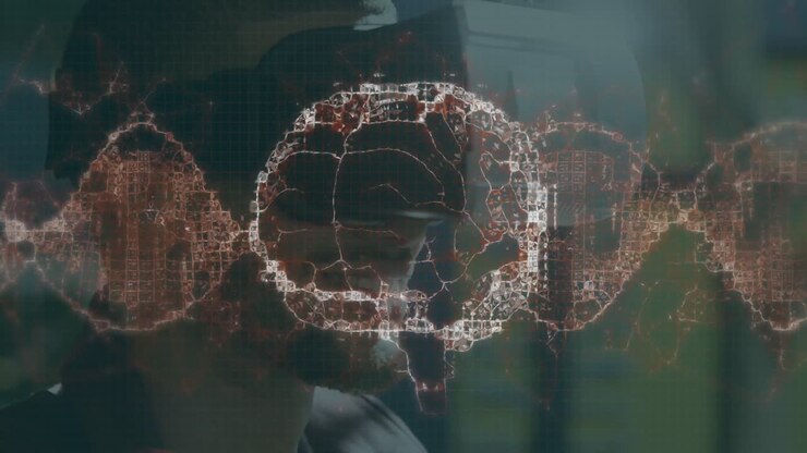 Animation of brain scan and medical data processing on interface, over smiling man in vr headset