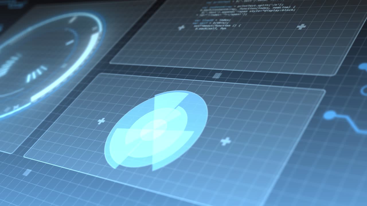 Animation of data processing and scope scanning on screens over grid