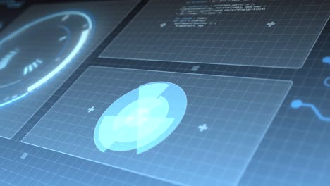 animation of data processing and scope scanning on screens over grid