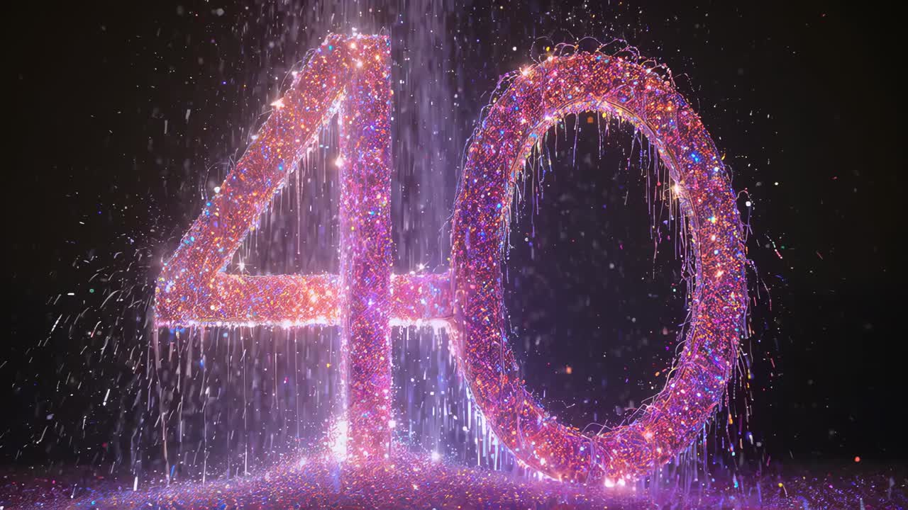 Thin streams starting, large number 40 dripping glitter, spark filaments on stage with purple halo