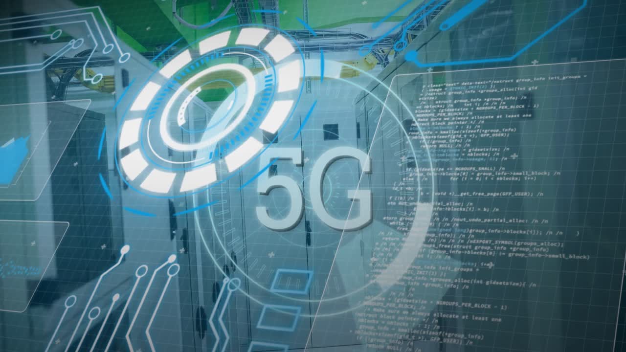 animación de texto 5g, escaneo de alcances y procesamiento de datos a través de servidores