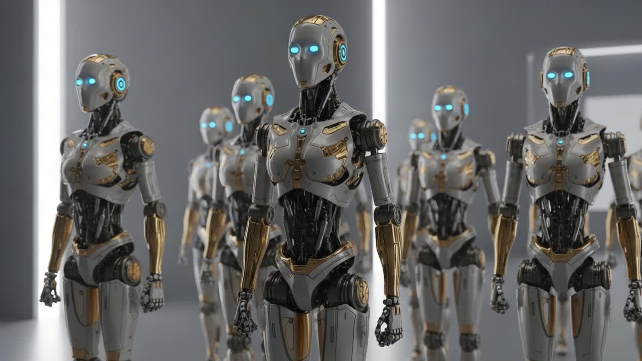 A Lineup of Futuristic Robots Showcasing Advanced Technology and Design, Each Characterized by Unique Glistening Features and LED Blue Eyes for Enhanced Interaction