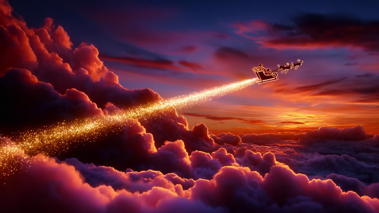A Magical Journey Through the Clouds: A Sleigh Whisks Away Through a Colorful Sunset Sky, Leaving a Trail of Sparkling Stardust As It Dances Amongst the Vibrant Colors of Twilight