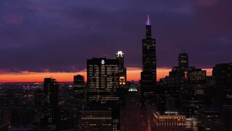 urban cityscape of chicago in blue hour in winter. aerial view. usa