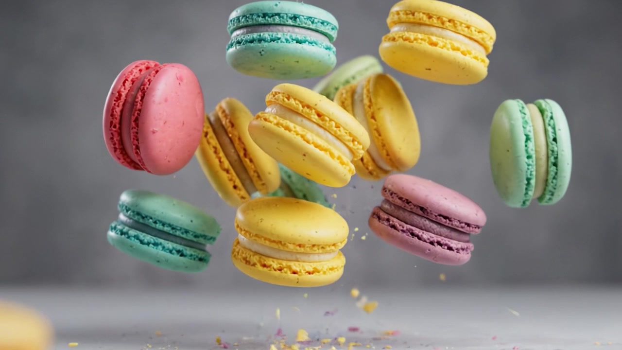 A Colorful Delight: Airborne Macarons Captured in Mid-Flight in a Stunning Display of Texture and Flavorful Creativity