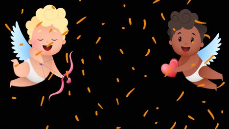 animación de iconos de cupido y líneas naranjas sobre fondo negro