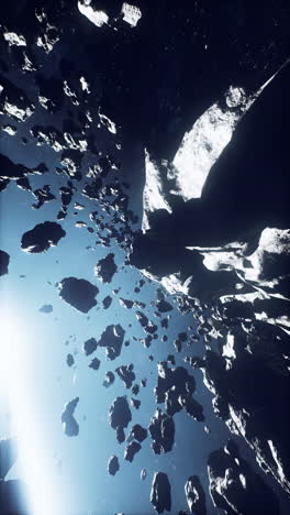 dangerous asteroid field stretching across a misty nebula vertical