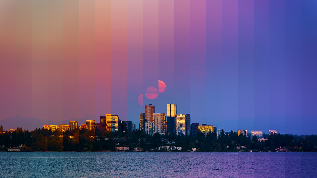 Creative timeslice video of Bellevue skyline showing full moon rising at sunset, capturing the transition from day to night