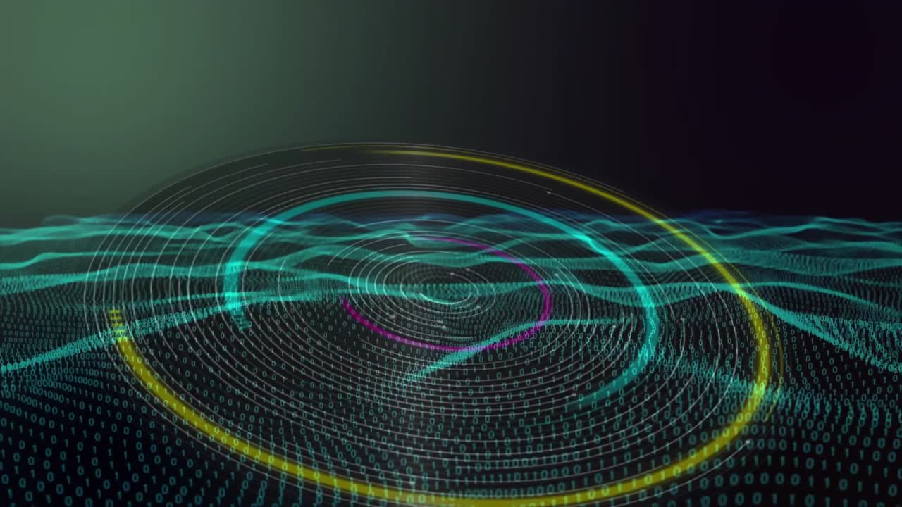 3D render binary digits undulating under pulsing neon teal, yellow, purple rings