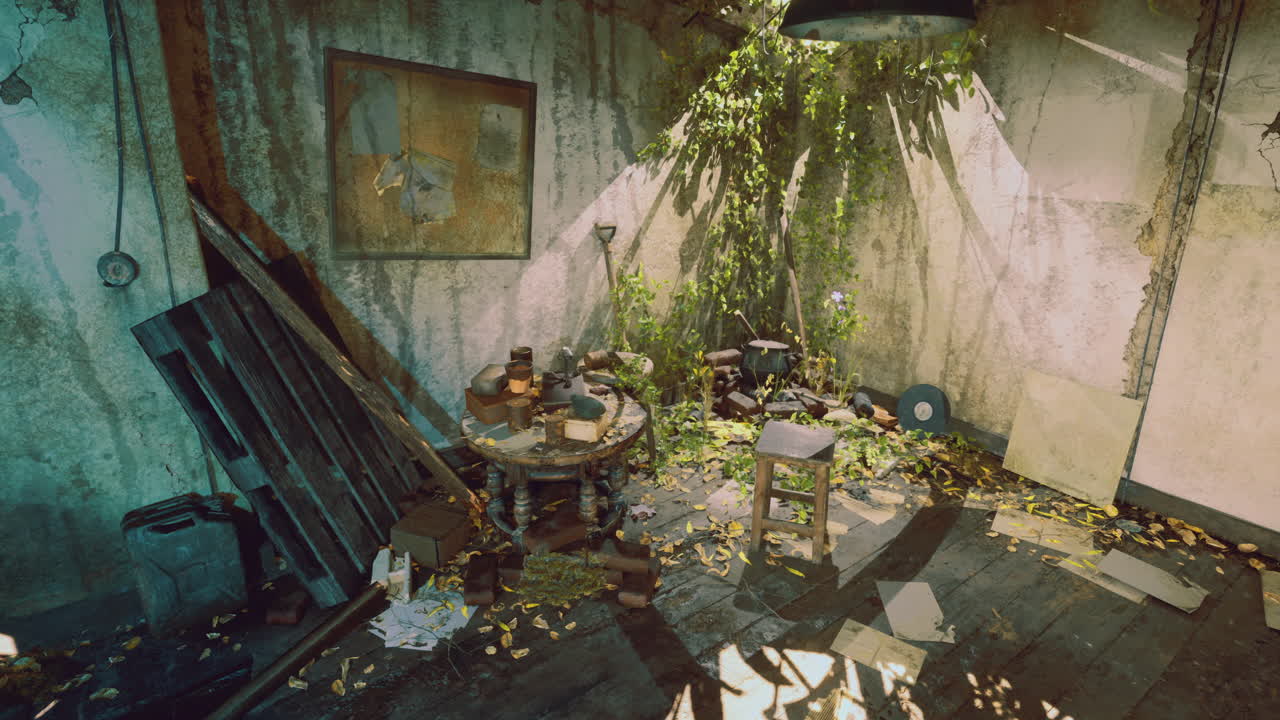 An abandoned room is filled with overgrown plants and scattered objects