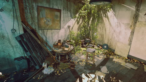 an abandoned room is filled with overgrown plants and scattered objects
