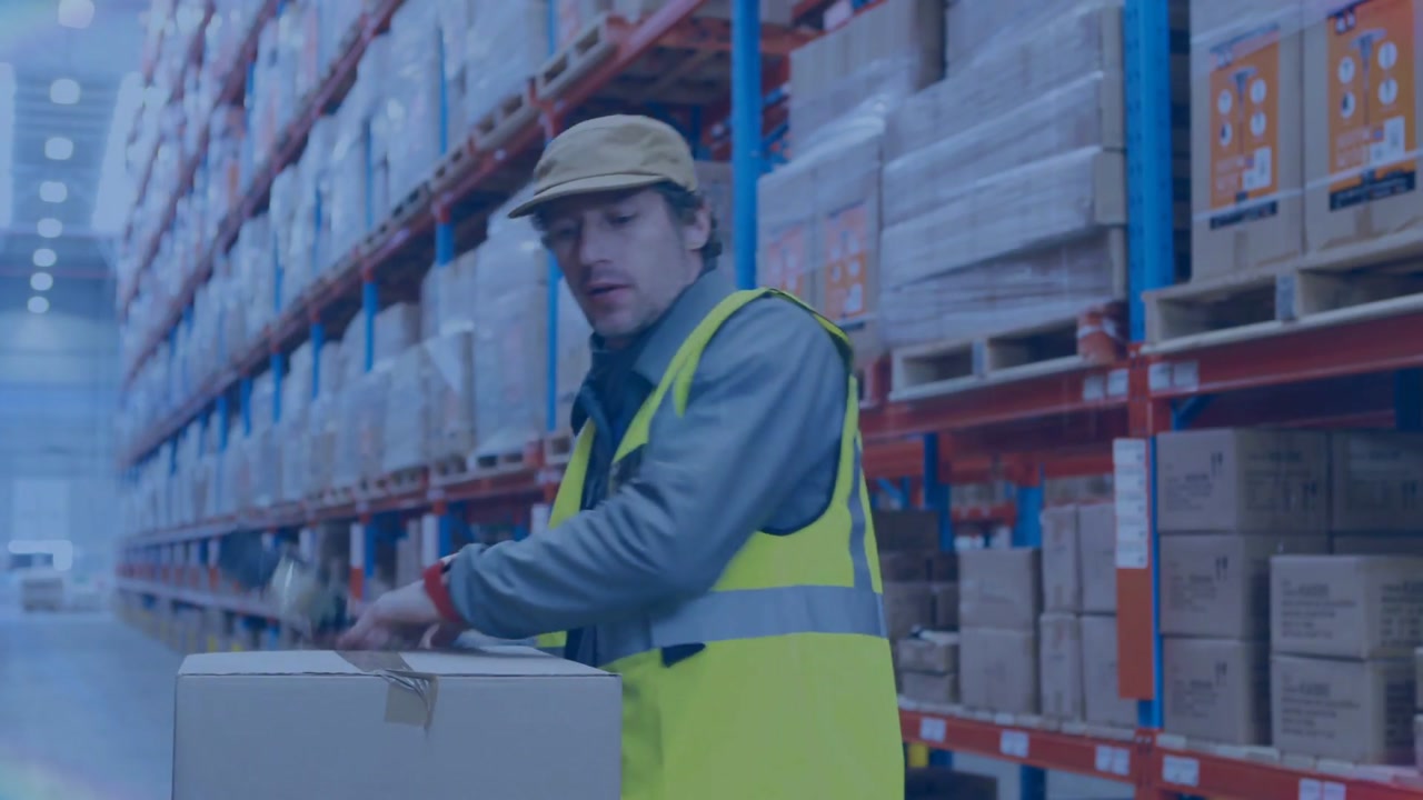 Warehouse worker scanning, sealing box with tape gun, shipping while lens flare moving across racks
