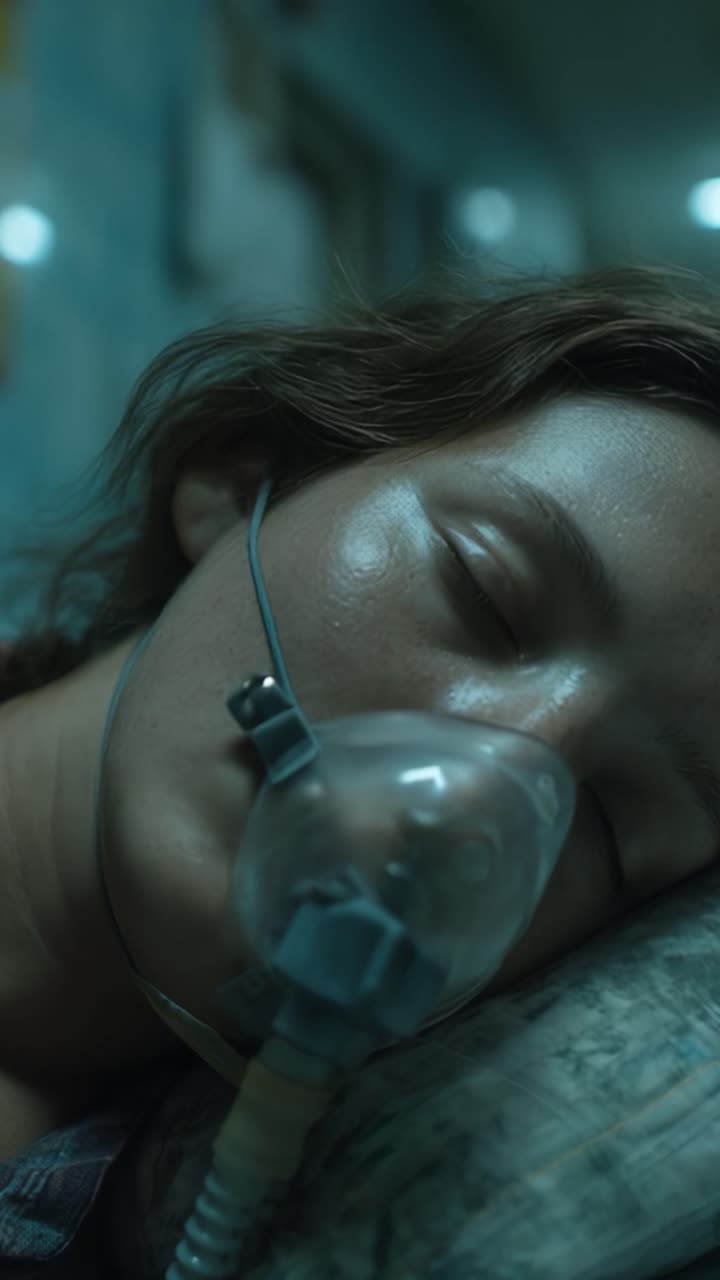 Un'esplorazione profondamente emotiva della vulnerabilità mentre una giovane donna dorme serenamente in un letto d'ospedale, collegata a una maschera d'ossigeno che fornisce supporto vitale.