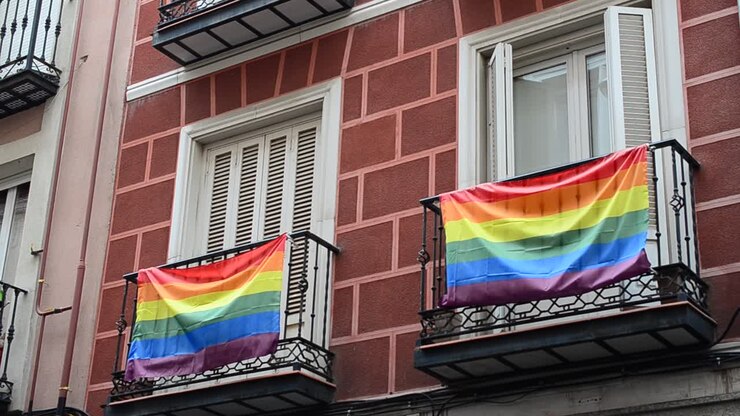 Rainbow flag (LGBT movement) on balconies in Madrid, Spain. Shooting in Madrid