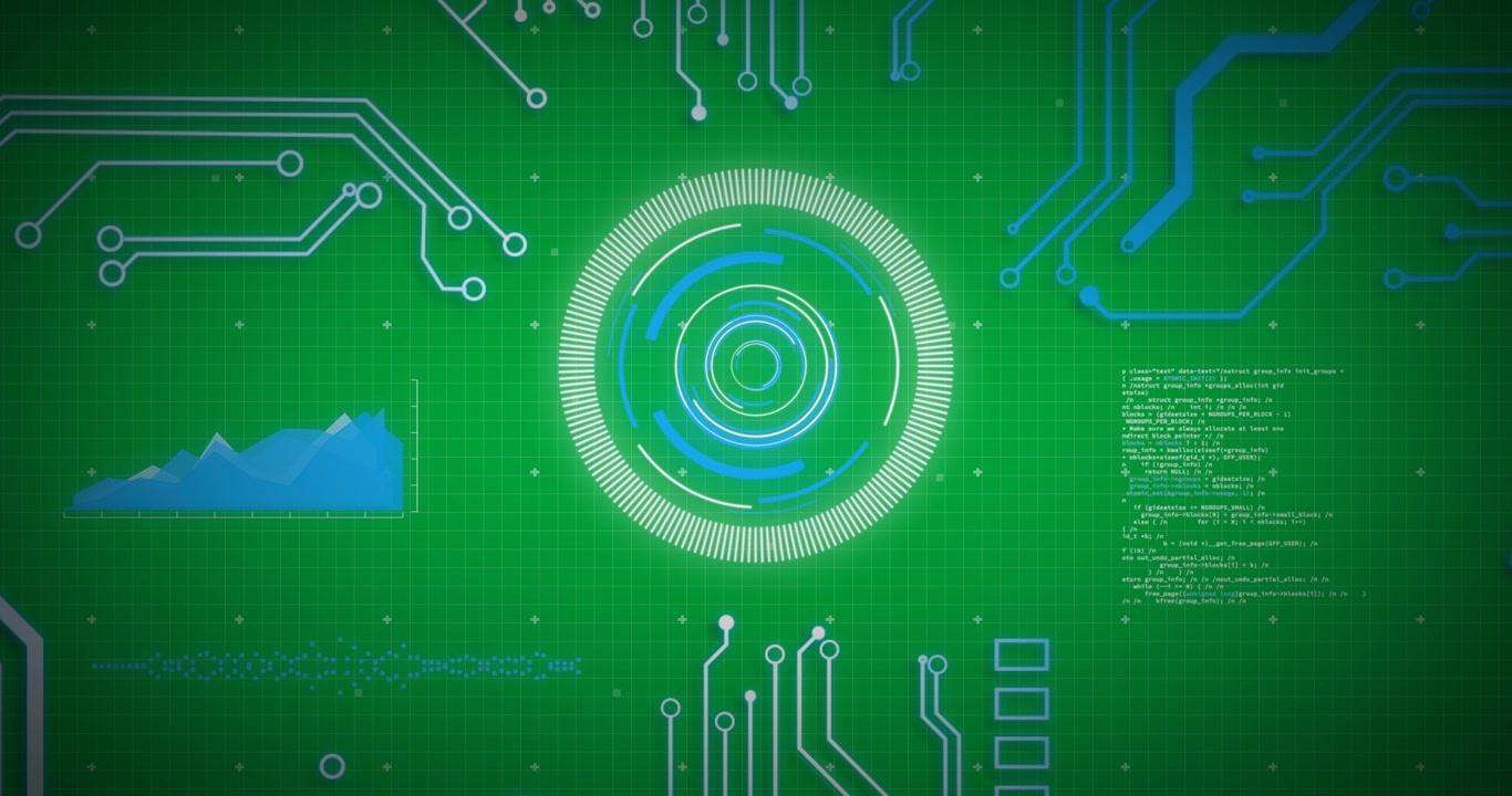 Animation of glowing blue computer circuit board elements over scope and data processing