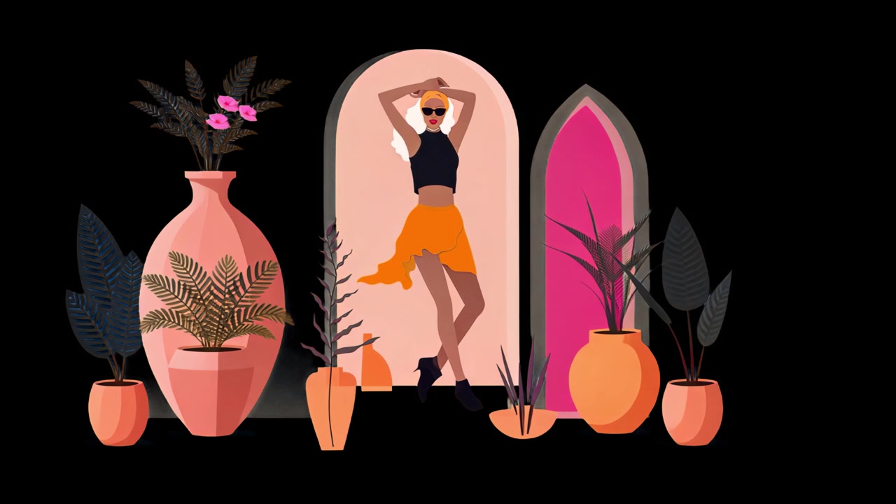 Ilustração animada de uma mulher elegante posando em um arco