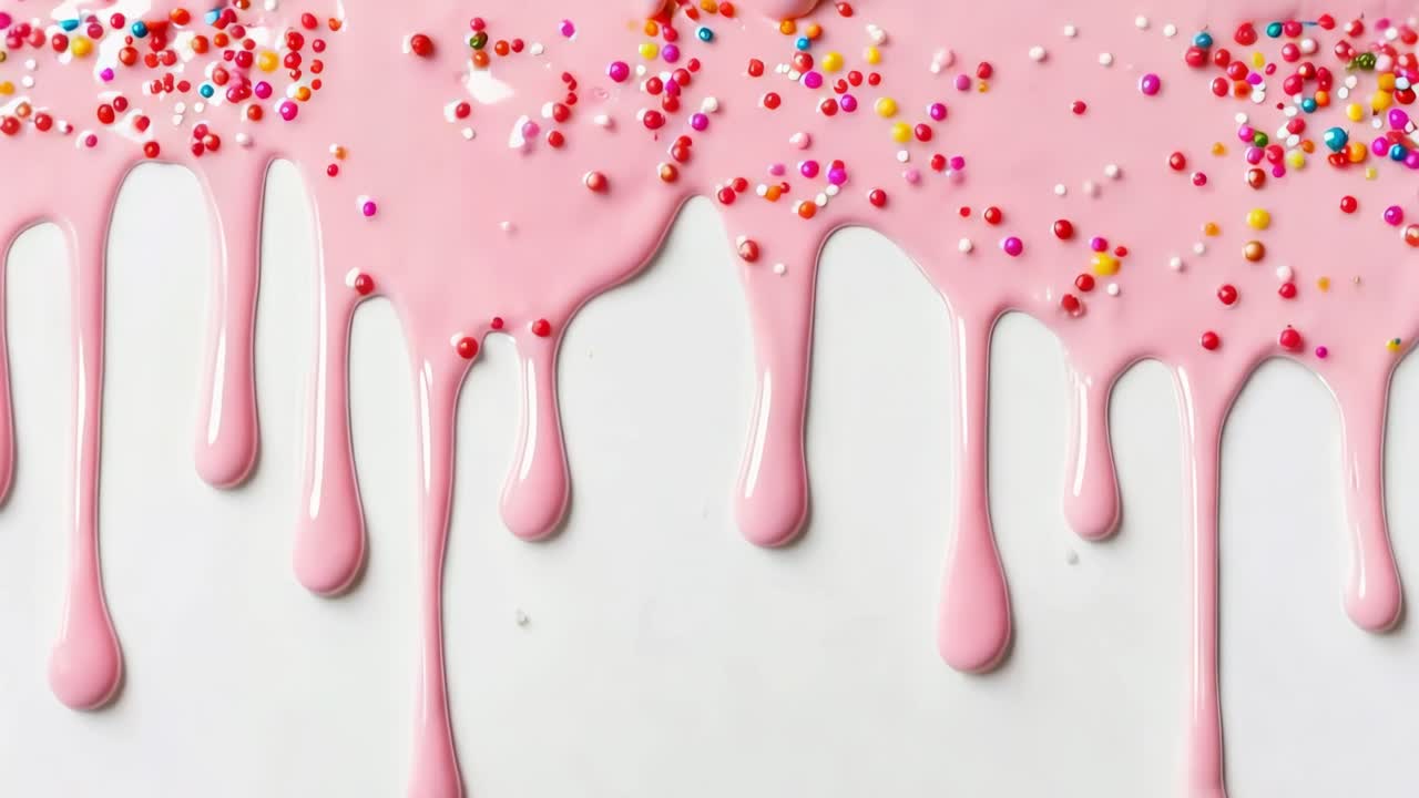 Top-down view of pink icing dripping with colorful sprinkles on a white surface