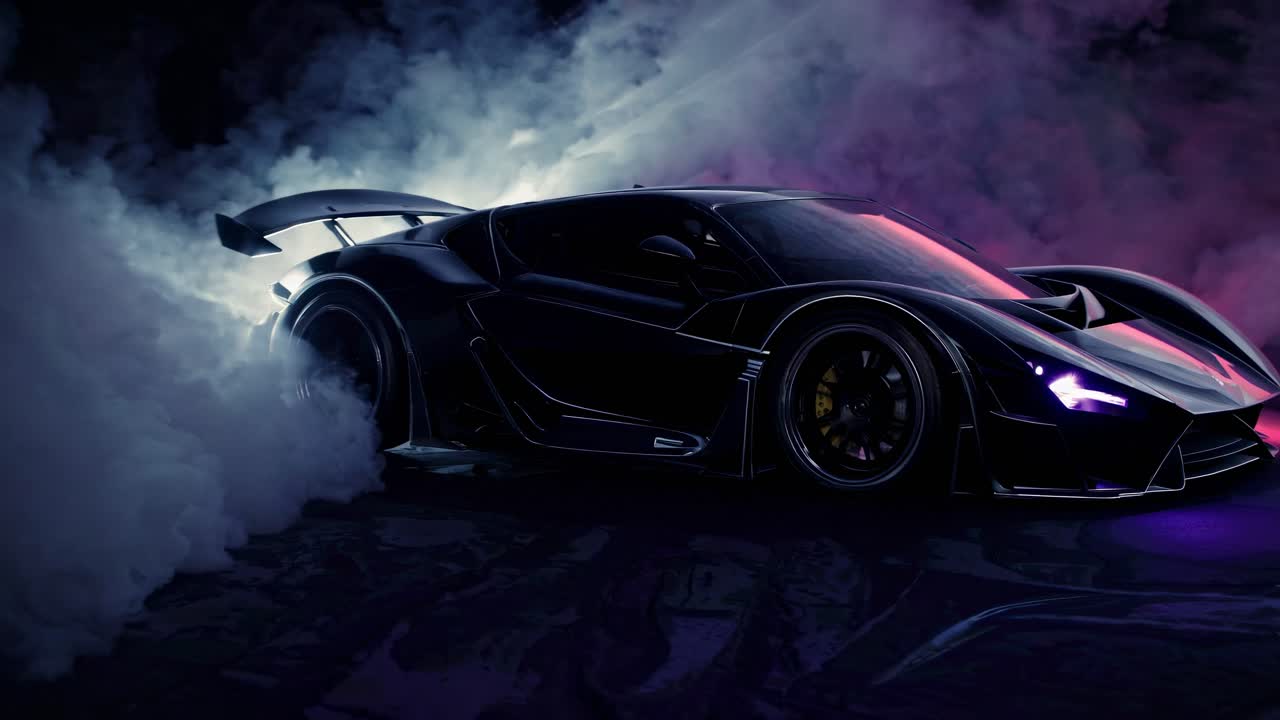 Low-angle shot of a sleek sports car surrounded by colorful smoke, creating a dramatic, cinematic