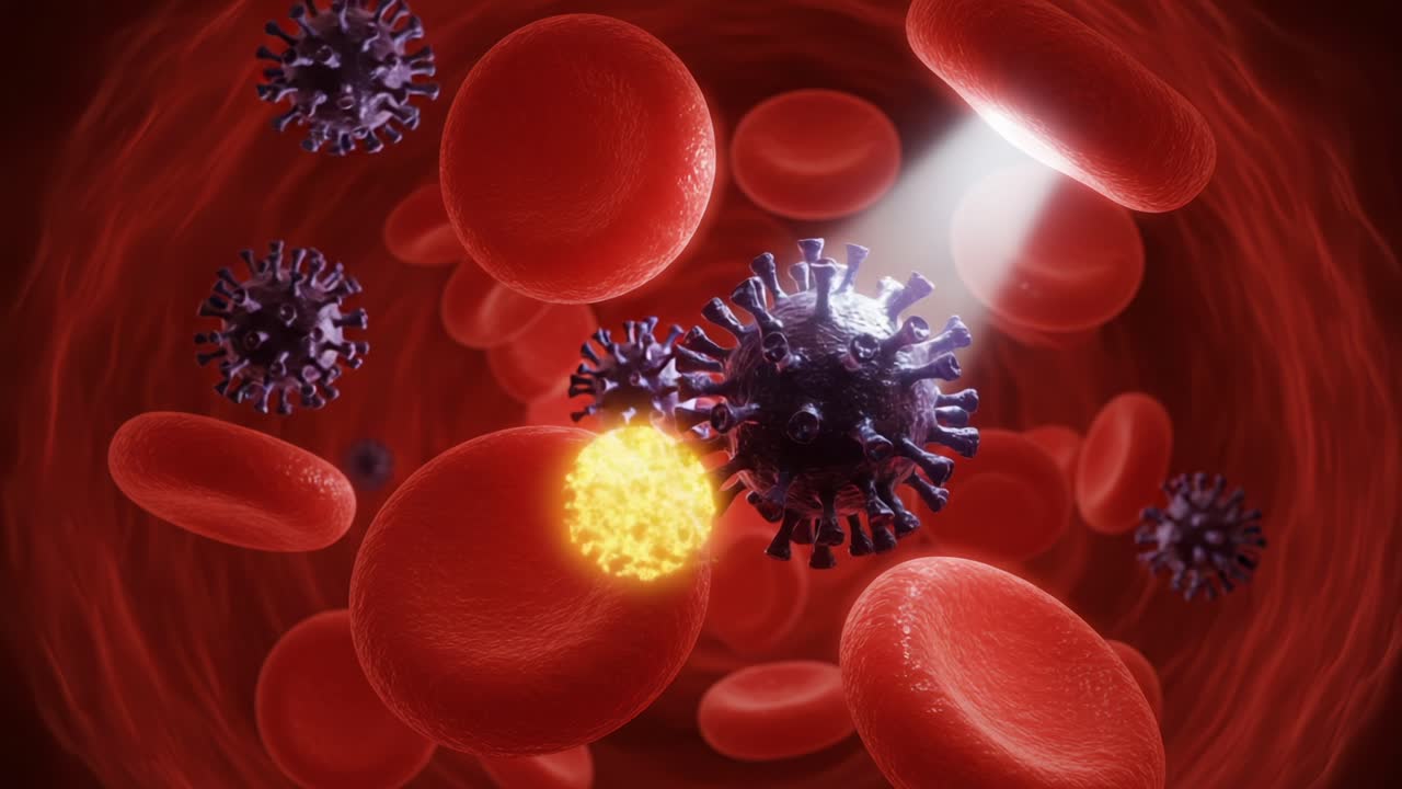 Visual Representation of Immune Response: A Close-Up of Red Blood Cells Engaging with a Virus in the Human Circulatory System
