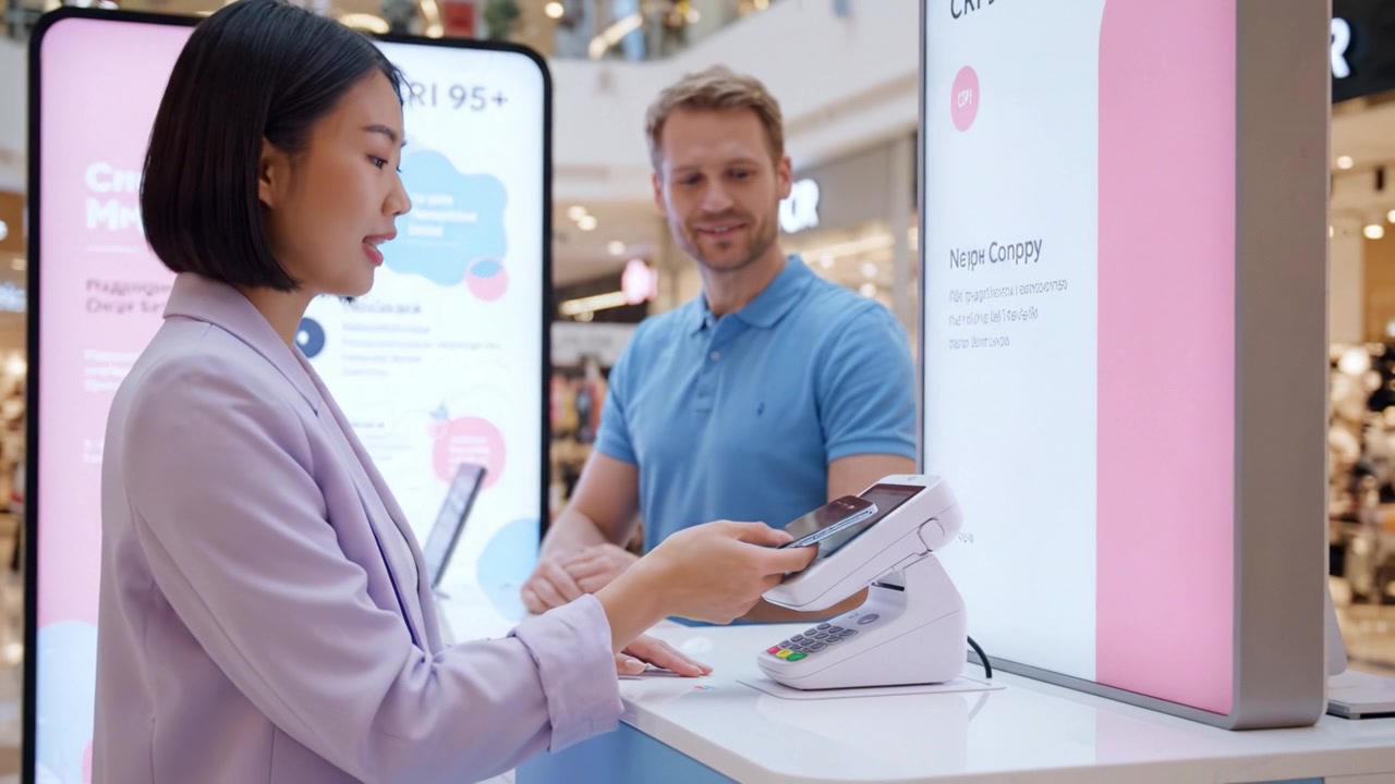 En moderne shoppingoplevelse: En kvinde bruger mobil betalingsteknologi ved siden af en venlig rådgiver i et moderne detailmiljø