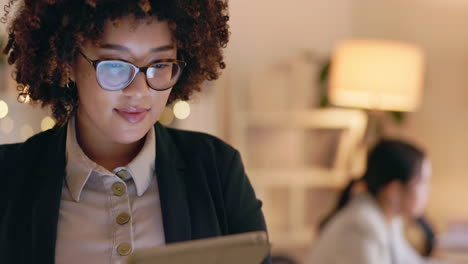 night, office and business woman on digital tablet